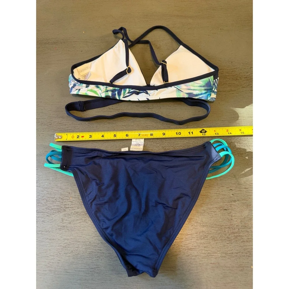 L*Space Bikini Set Medium Tropical Palm Print Top Navy Full Cut Strappy Bottoms